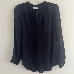 Velvet Women Black blouse Large long sleeve button up front V neck elegant